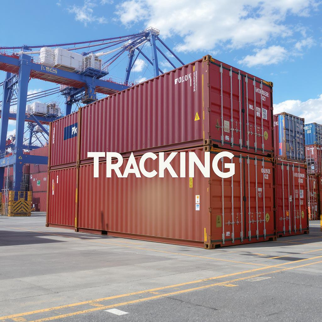 Des conteneurs rouges empilés dans un port animé, avec le mot « TRACKING » inscrit en grand dessus.