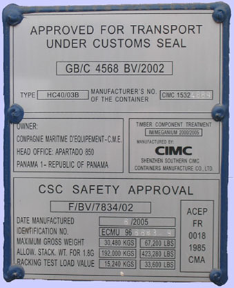 CSC plate / Convention for Safe Containers plate